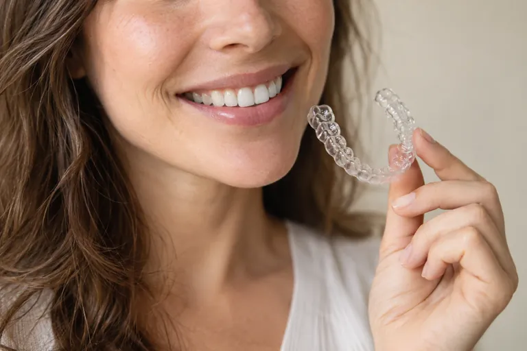 Illustrative photograph of a smile and clear aligner