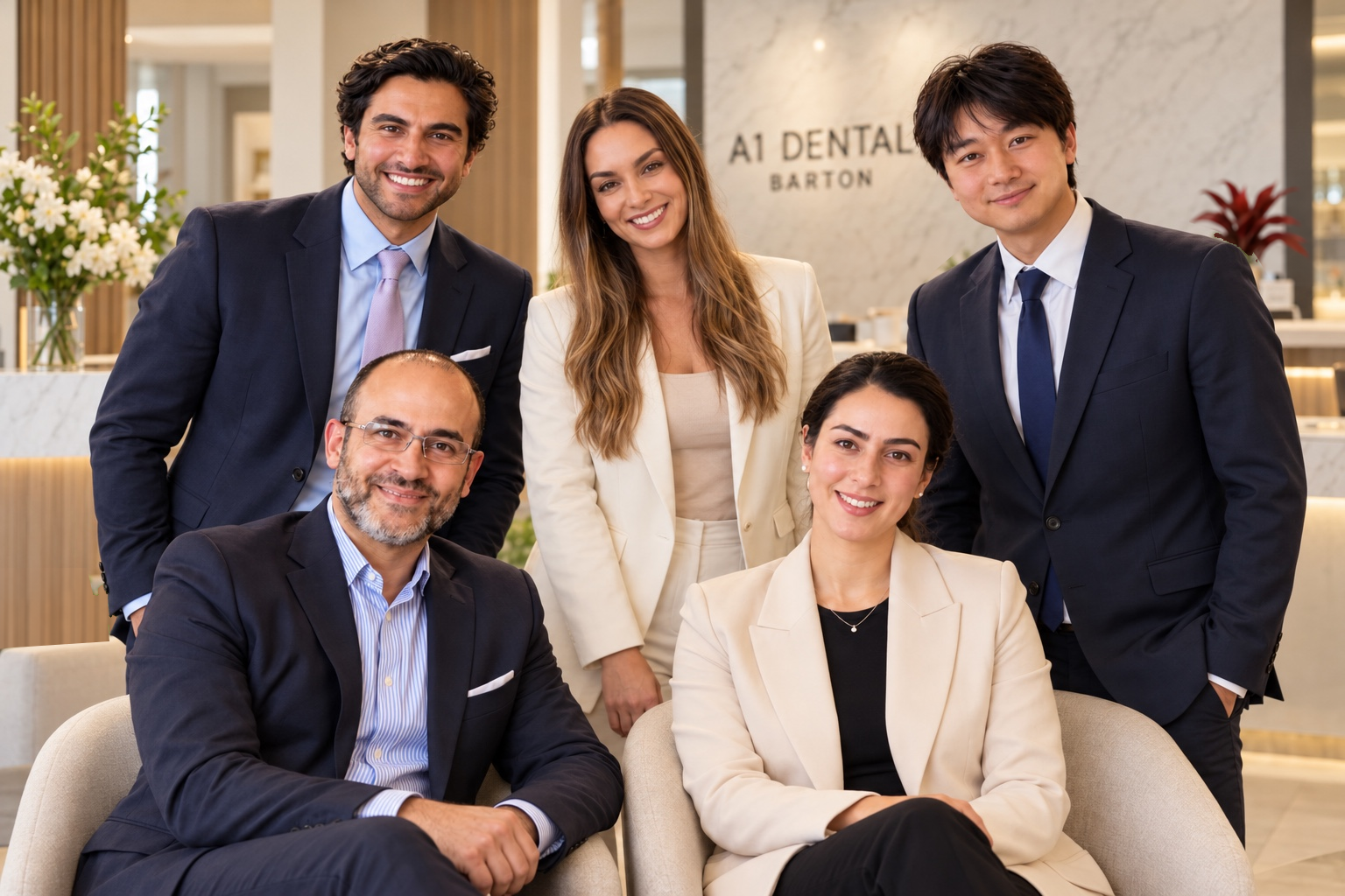 Team portrait of Dr Shareif, Dr Arash, Kylie, Dr Taban and Dr Carter in an A1 Dental Barton reception setting