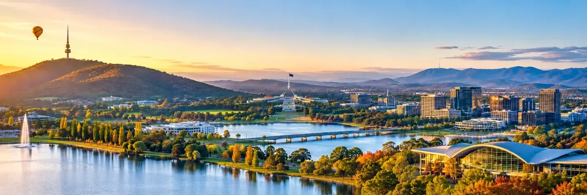 Warm evening light across Canberra, Lake Burley Griffin and the city skyline